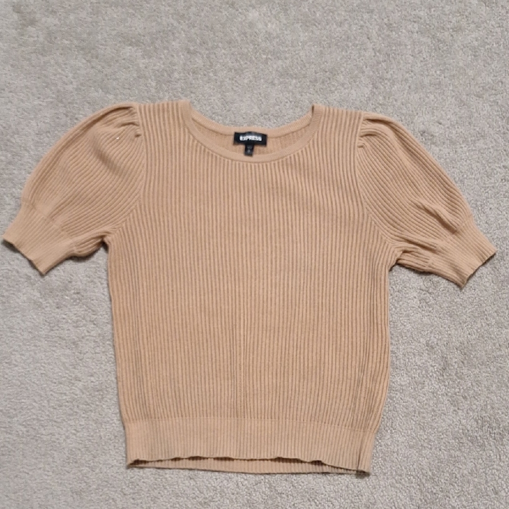 Express Tan Ribbed Puff Sleeve Blouse